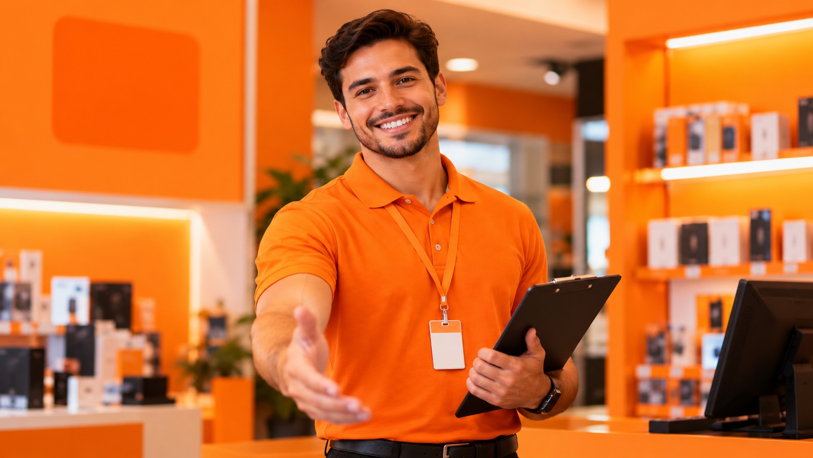 Profissional de vendas sorrindo, de camisa laranja, estendendo a mão para um cumprimento enquanto segura uma prancheta